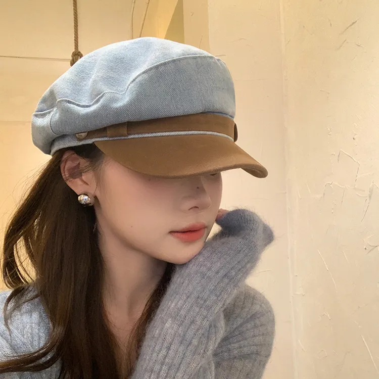 韩版ins牛仔平顶报童帽子女拼色复古八角帽百搭贝雷帽画家帽