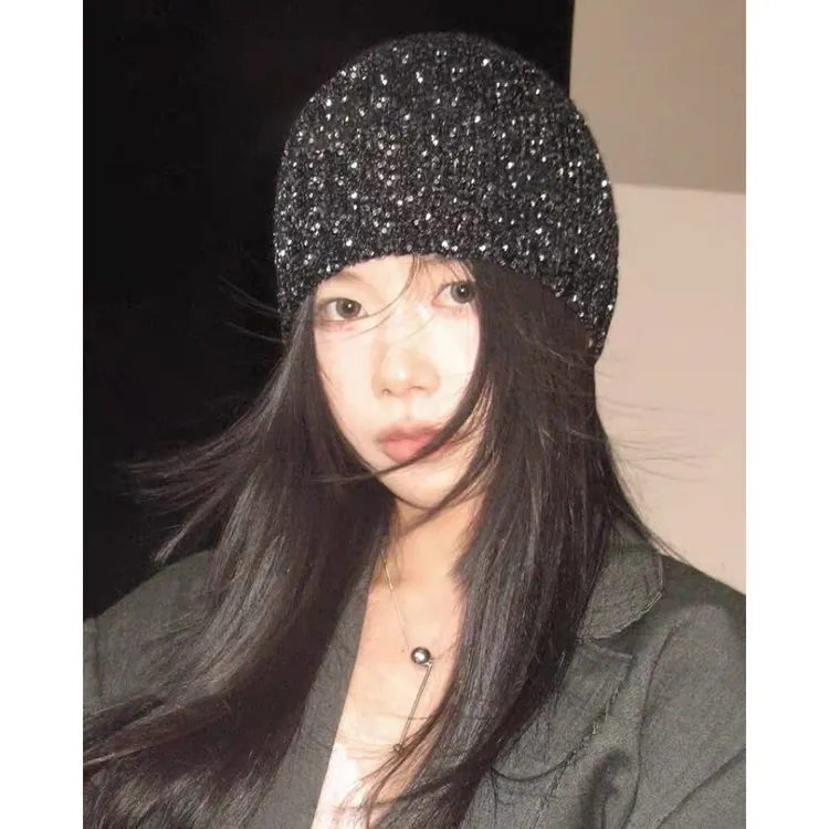 Jennie同款韩国冷帽秋冬香香女孩亮闪片针织帽时尚显脸小包头帽潮
