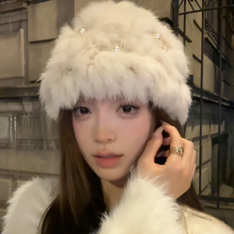 真兔毛帽子女秋冬季显脸小毛茸茸毛绒帽保暖珍珠皮草大头围渔夫帽