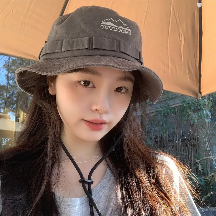 日系薄款抽绳大檐渔夫帽子女夏季透气防晒户外登山出游西部牛仔帽