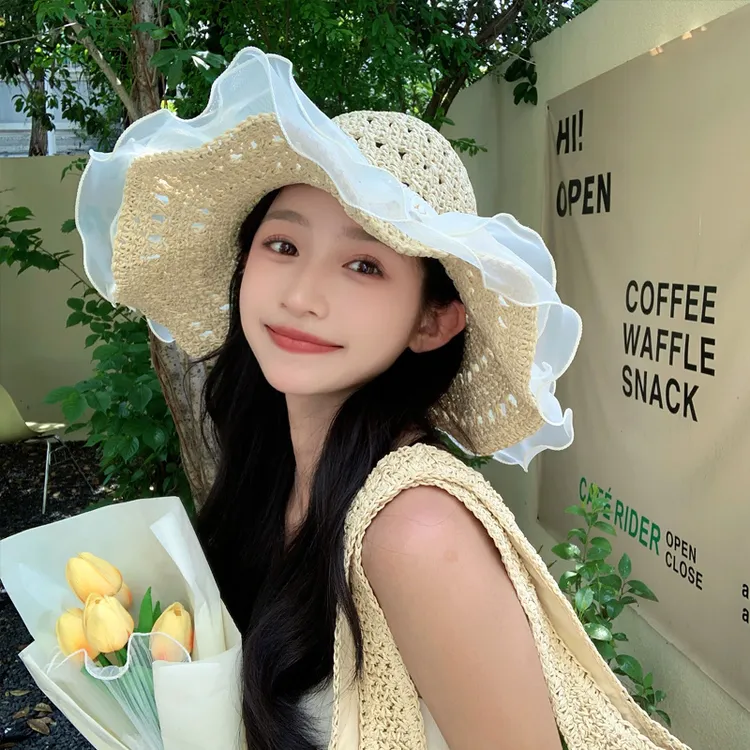 草帽女夏季蕾丝大帽檐女防晒帽显脸小日系度假海边沙滩遮阳太阳帽