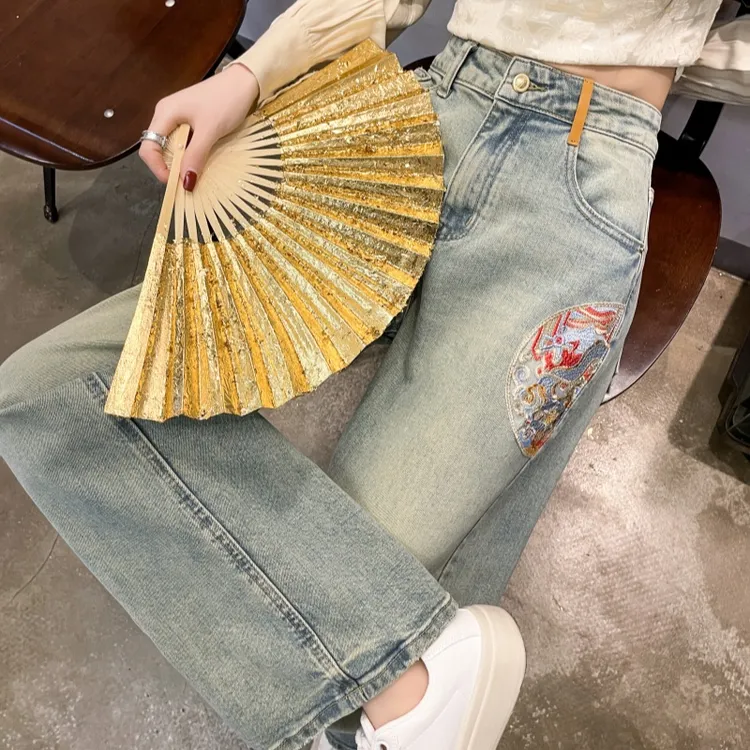 2024年新款高腰直筒牛仔裤女中国风设计感气质早春百搭窄版阔腿裤