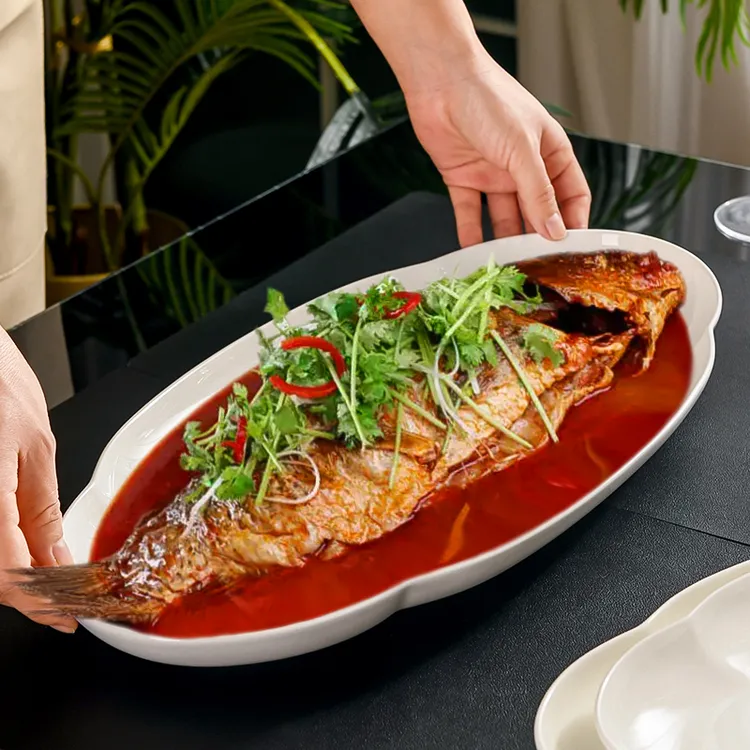 鱼盘子14/16/18英寸陶瓷超大号鱼盘纯白家用骨瓷鱼盘蒸鱼盘子商用