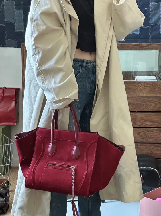 95新 Celine/思琳 牙牙/ 红麂皮幻影手提包 复古百搭