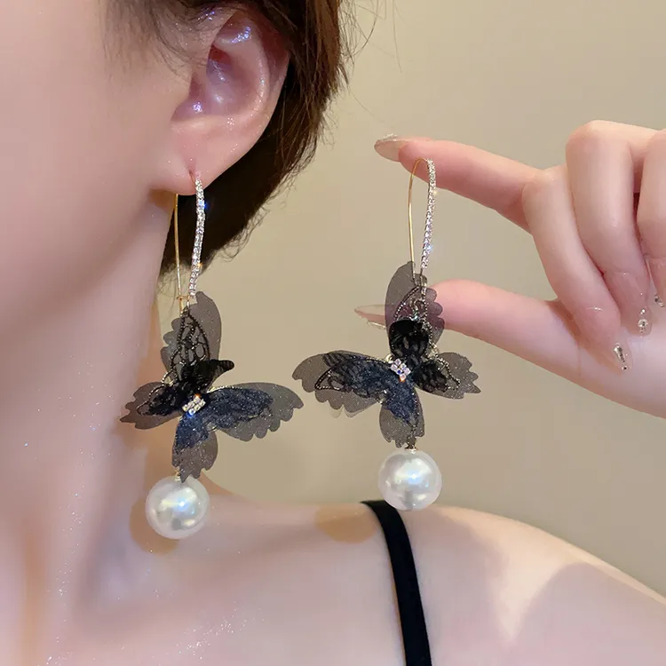 铜合金耳饰 网纱蝴蝶耳钩国风耳环适合方圆脸的夸张耳饰2024爆款