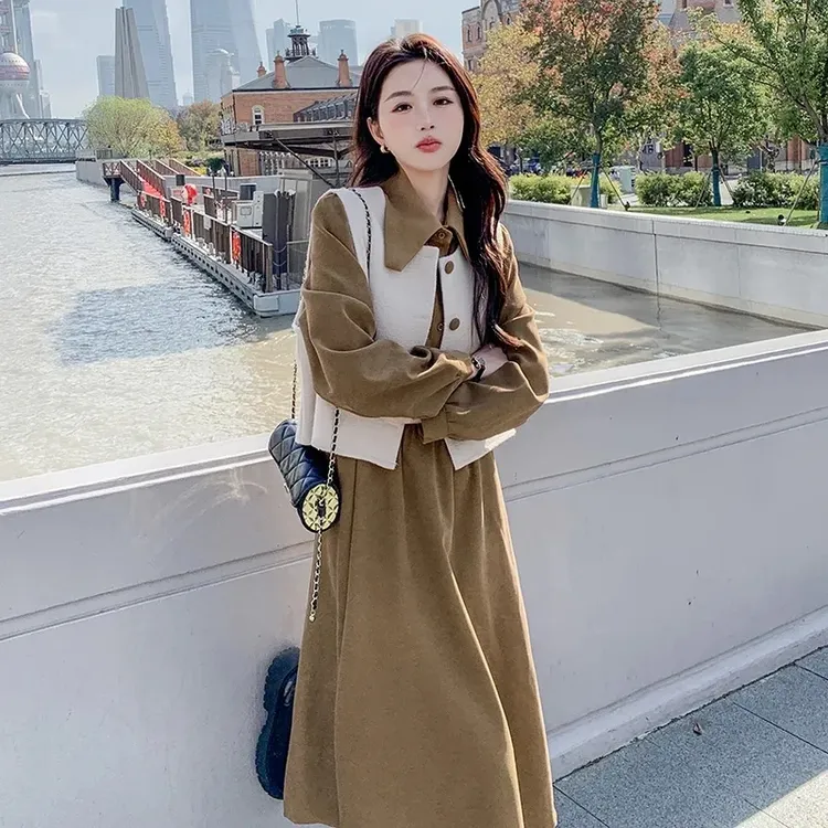 今年流行连衣裙套装女秋冬新款美拉德穿搭马甲两件套遮肉显瘦裙子