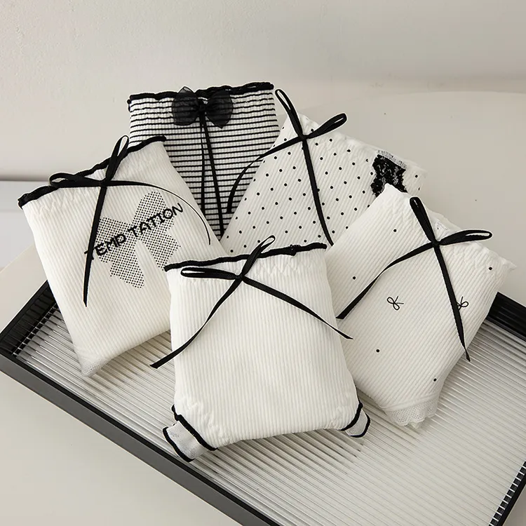 【5A全裤】抗菌纯棉内裤女士螺纹甜美蝴蝶结日系少女中腰包臀三角裤