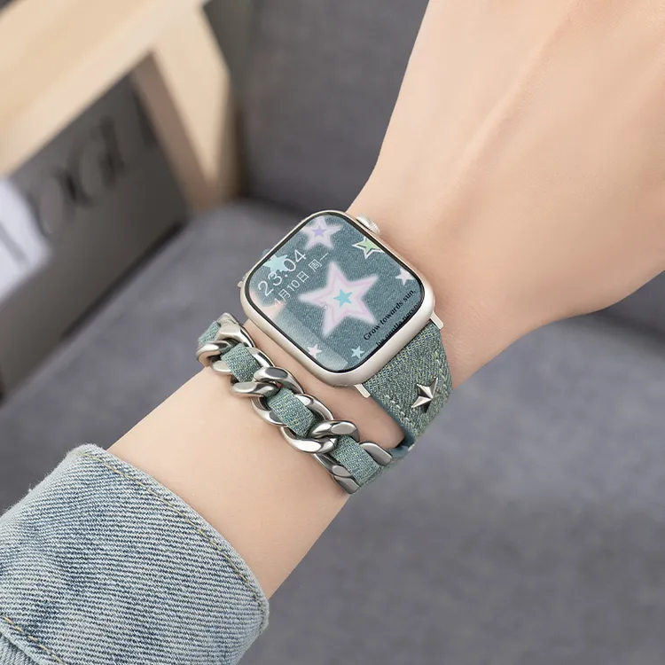 适用iwatch表带苹果S9手表表带applewatch牛仔帆布表带夏天时尚