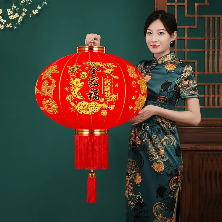新年福字大红灯笼春节过年阳台大门口植绒布灯笼装饰批发户外防雨