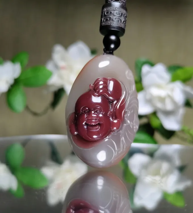 笑口常开弥勒佛 纯天然秦紫玉紫绿玛瑙精品俏色挂件 纯手工精雕