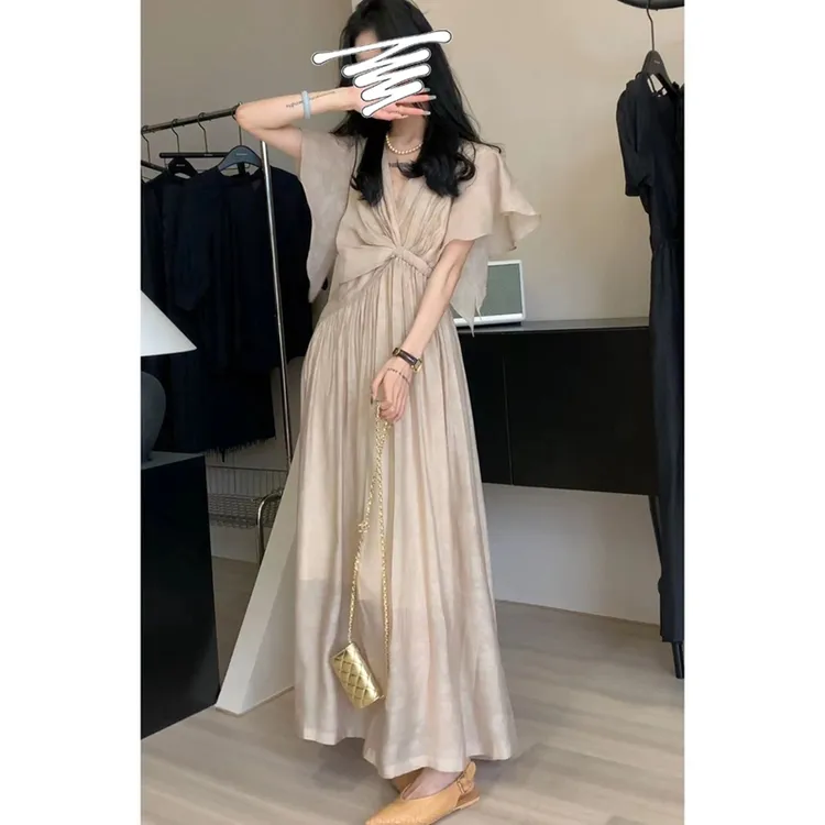 韩国立体浮雕丝丝极简长裙子时尚夏季收腰高级感显瘦长裙女343