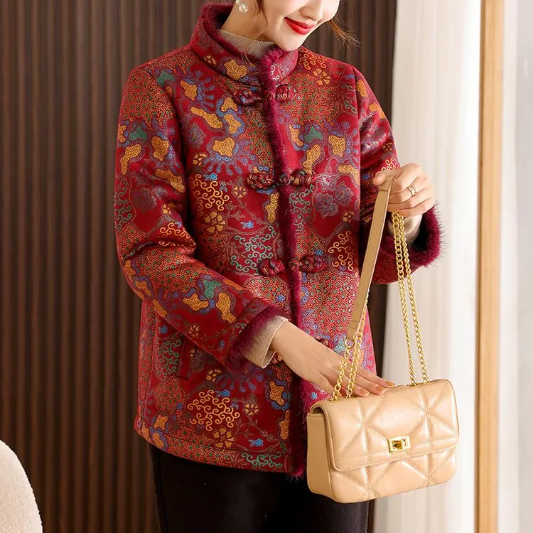 恒源祥彩羊妈妈装中老年冬装一体大衣女装短款老人加绒加厚唐装外