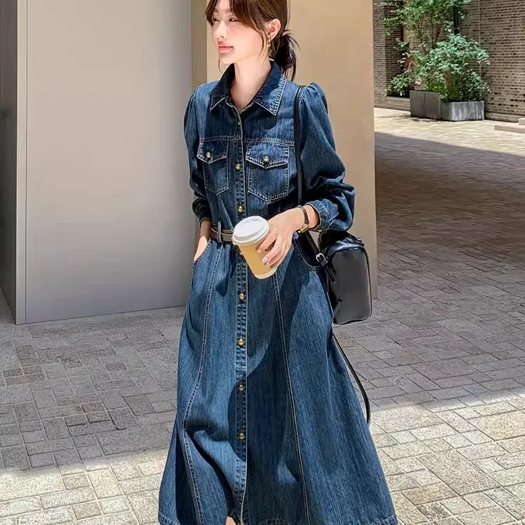 彩俏芝 秋季长款牛仔连衣裙长袖秋装女款2024新款时尚潮流超好看