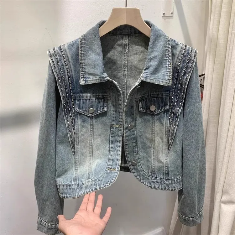 彩俏芝翻领短款牛仔外套女2025春季新款设计感小众百搭夹克上衣