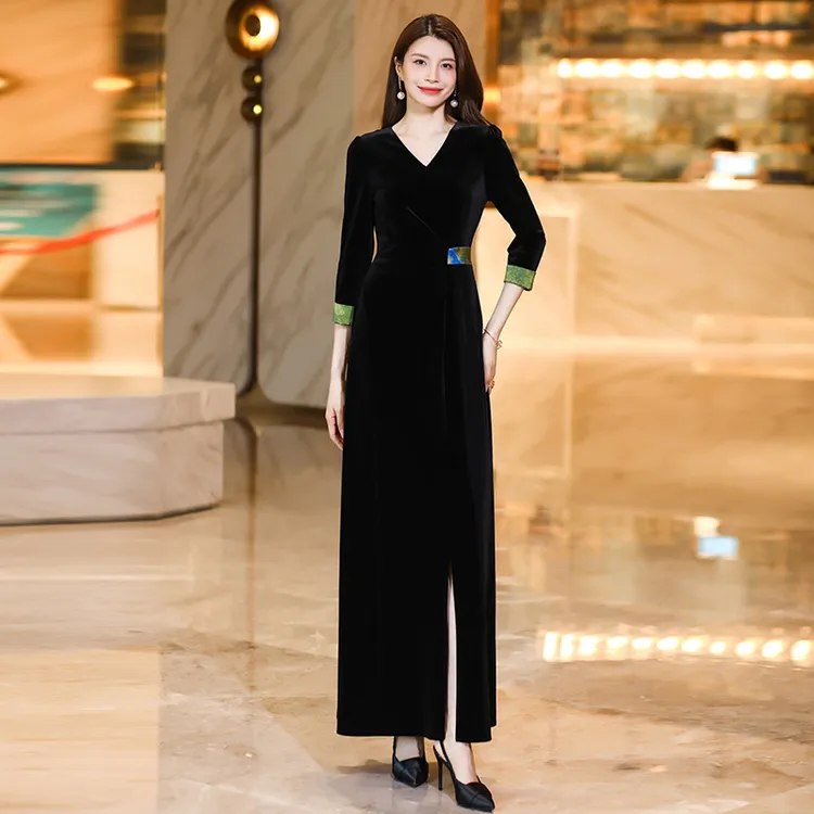 正式场合丝绒连衣裙女秋季2025新款黑色国风修身优雅气质显高1188