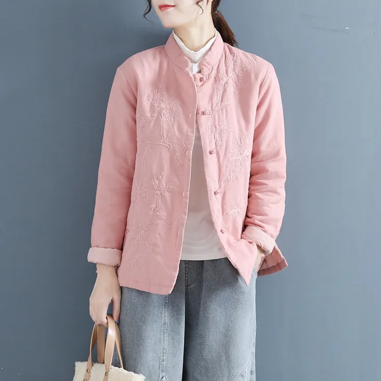 中国风复古盘扣棉麻棉衣女冬季加厚夹棉茶服上衣刺绣棉袄外套
