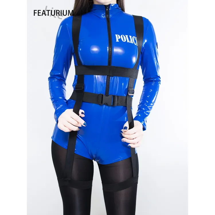 轻绯卡霖 女警性感漆皮连体衣光亮制服女王盐系恋物皮衣FEATURIUM