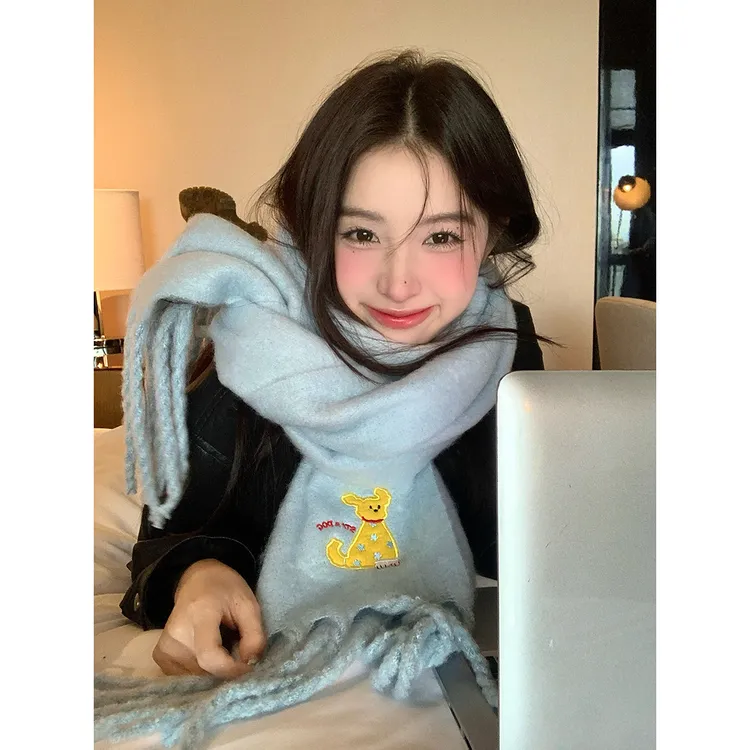 可爱小狗蓝色围巾女冬季保暖韩系氛围感百搭针织围脖披肩2024新款