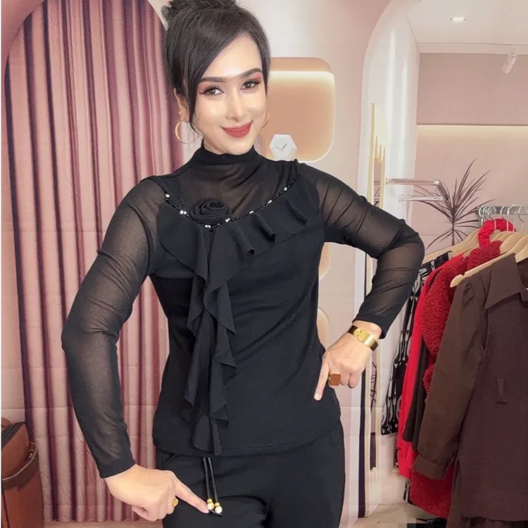 【泥沙服装】新疆包邮T恤长袖打底蕾丝网红时尚性感女士黑色连体