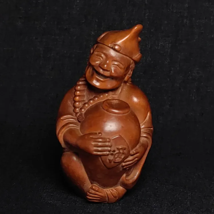 古玩装饰黄杨木雕刻抱酒坛济公佛像摆件 手把件收藏 高度 8公分