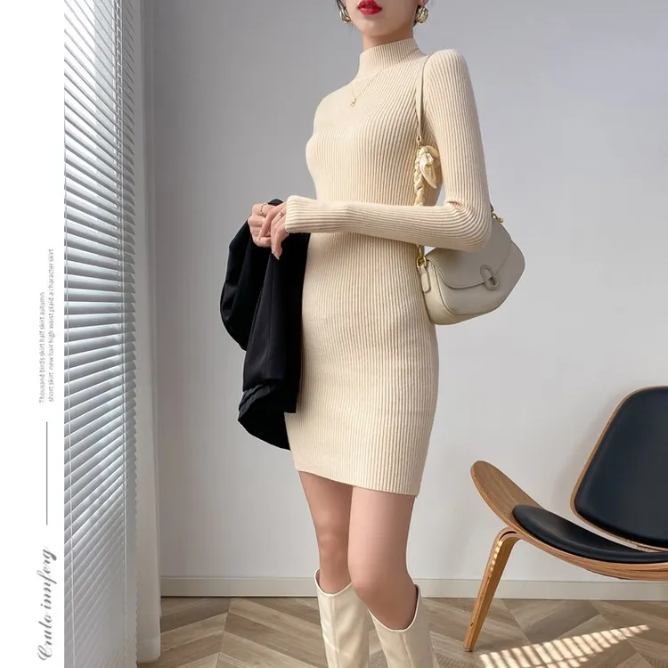 气质半高领显瘦针织短裙女秋冬内搭连衣裙纯色高级感修身包臀裙
