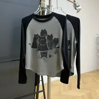 【若若美】X-1321慕斯猫咪撞色字母印花长袖打底衫显瘦百搭T恤