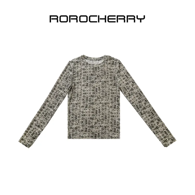 【若若美】X-1591晕染泼墨花纹圆领长袖衫女士百搭显瘦T恤修身长T