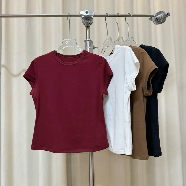 【若若美】X-1840纯色纸片人短袖T恤后明线女士显瘦圆领百搭飞袖短T