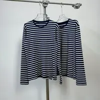 【若若美】X-1811藏青条纹修身长袖T恤打底衫女士百搭圆领套头长T