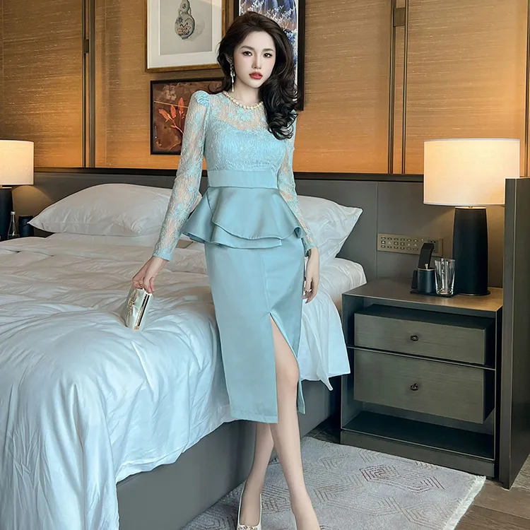 长袖高级蕾丝蓝色显白时尚修身气质高档连衣裙11151