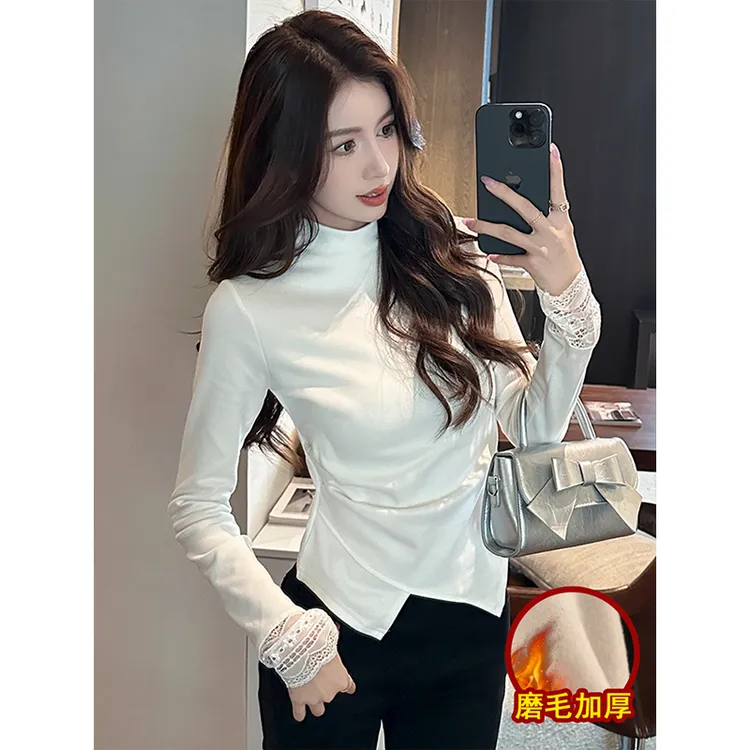 戈缕气质蕾丝正肩高领下摆长袖t恤女2025春季加绒磨毛打底衫上衣