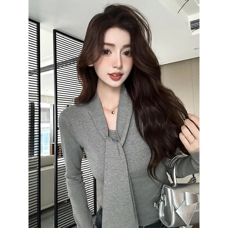 戈缕气质法式秋冬长袖T恤女设计感绑带内搭打底衫修身不规则上衣