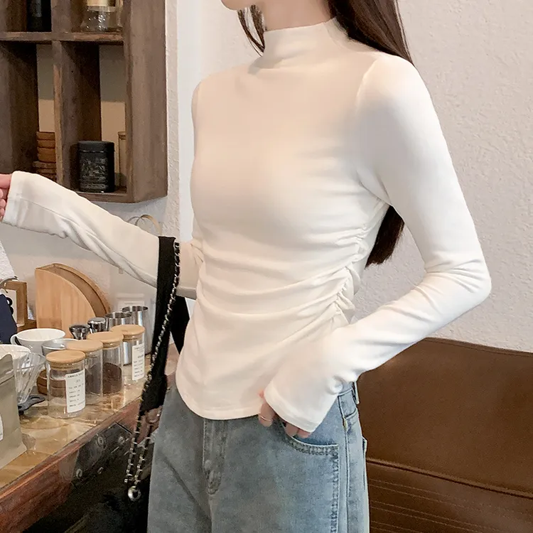 加绒半高领抽褶长袖T恤女冬季设计感修身保暖内搭打底衫上衣百搭