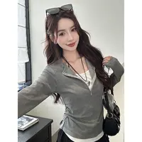 戈缕2025早秋设计感假两件拉链半开领长袖t袖女修身打底衫上衣ins