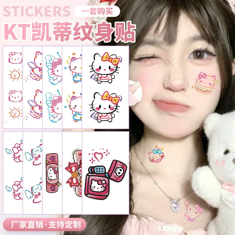 日系卡通kt猫纹身贴贴纸彩色线条可爱ins甜酷少女持久凯蒂猫贴纸