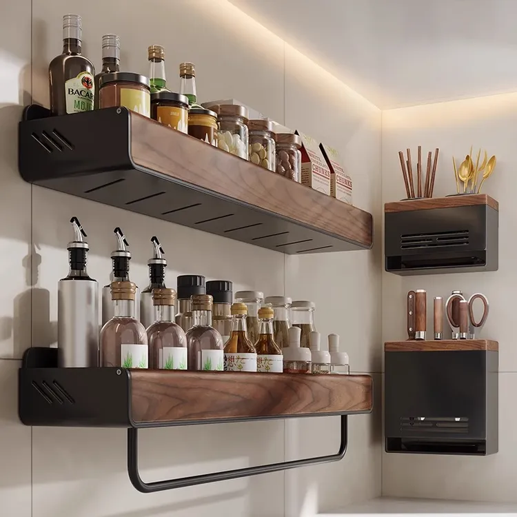 胡桃木厨房置物架调料架免打孔壁挂调味料品罐多功能多层收纳架子