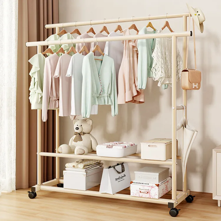 特厚特粗衣架落地式家用晾衣架室内卧室可移动挂衣置物双排衣帽架