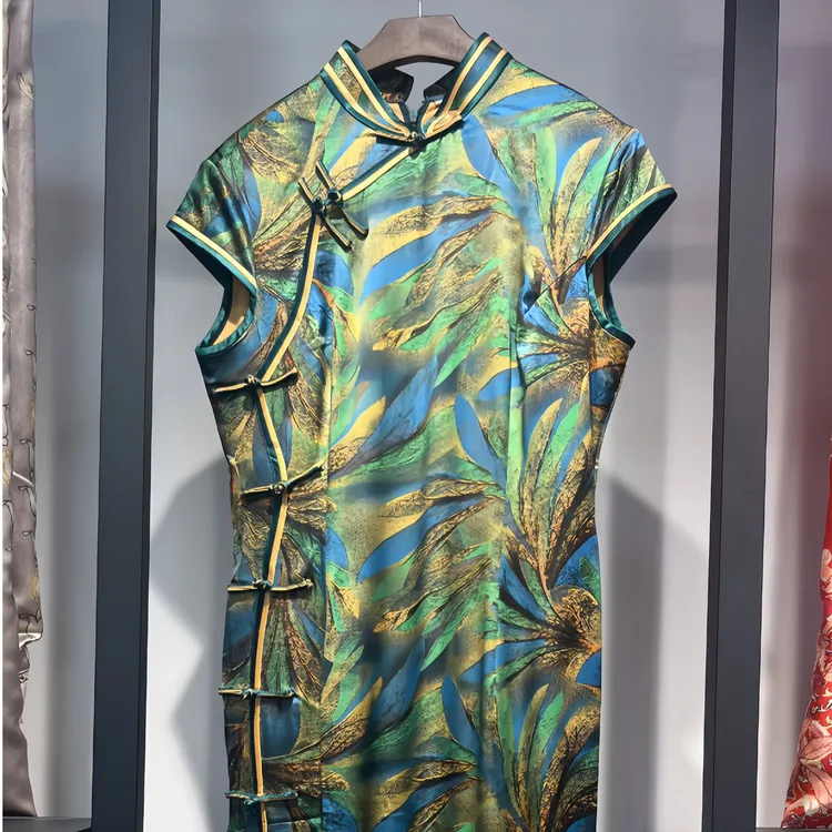 100分桑蚕丝旗袍气质网红时尚女士复古国风印花提花气质网红时尚