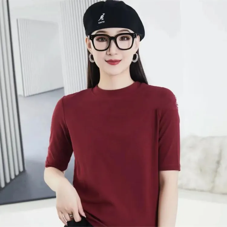 新款安可拉纯色显瘦女士时尚百搭宽松修身圆领打底衫春秋短款上衣