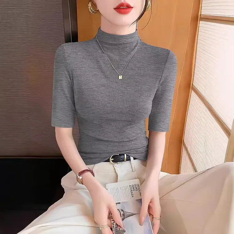 暗花灰色中袖螺纹半高领T恤女打底衫内搭 2025新款春秋修身高级