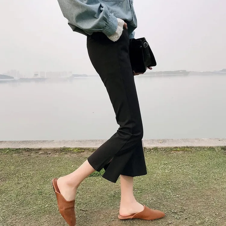 八分微喇裤女高腰修身侧开叉喇叭裤夏松紧腰弹力垂感小个子西装裤
