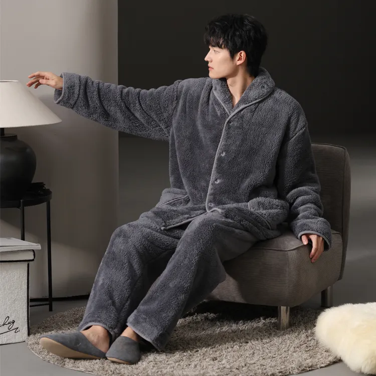 男士睡衣秋冬款珊瑚绒加厚加绒简约开衫套装2025冬季家居服法兰绒
