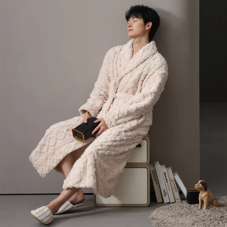 男士睡袍秋冬款加绒加厚保暖珊瑚绒睡衣冬季法兰绒浴袍大码家居服