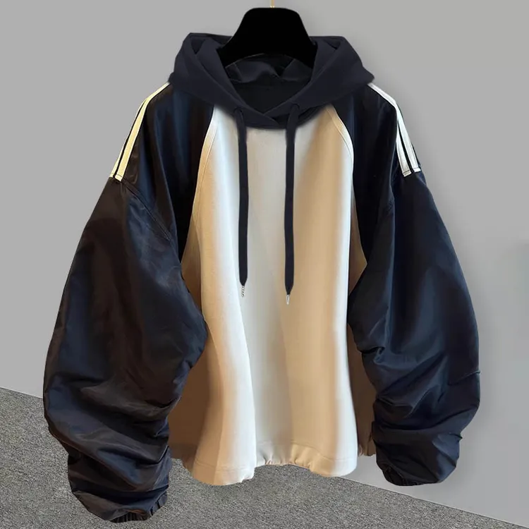 新款春秋美式复古拼接连帽休闲卫衣情侣日系宽松套头外套学生