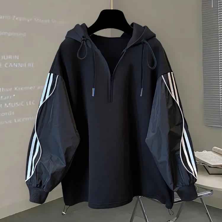 潮牌条纹春秋韩版宽松卫衣慵懒风套头连帽半拉链休闲拼接潮流外套