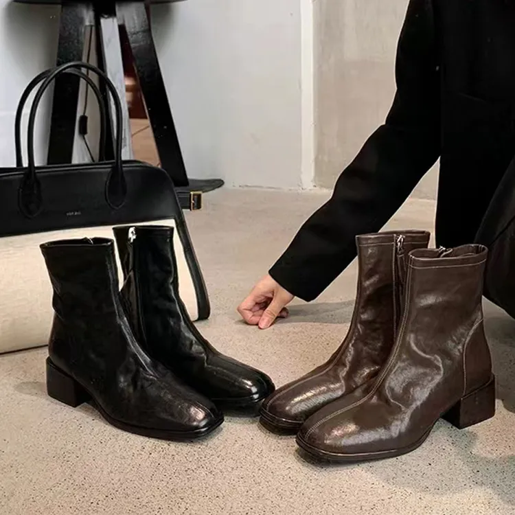 2025新款秋冬真皮韩系方头水洗牛皮瘦瘦短靴粗跟厚底小踝靴女秋冬