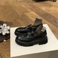 牛皮版~6CM黑色金币乐福鞋厚底2025新款一脚蹬小皮鞋复古粗跟单鞋