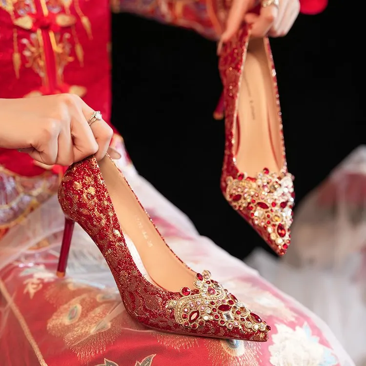 秀禾服结婚女2025年新款优雅高级感法式细跟中式性感鞋红色高跟鞋
