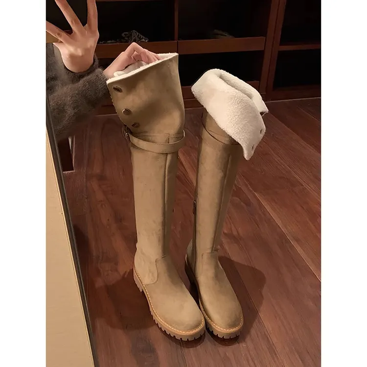 2026冬季新款两穿加绒长筒靴女粗跟新款羊羔毛雪地靴弹力过膝长靴