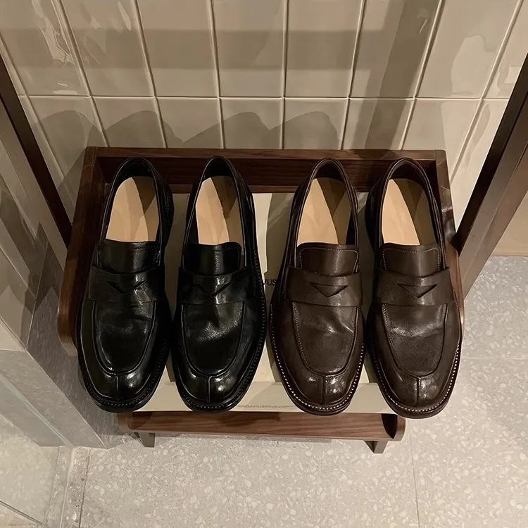 牛皮版~2026新款牛皮懒人一脚蹬百搭复古英伦风百搭乐福小皮鞋女